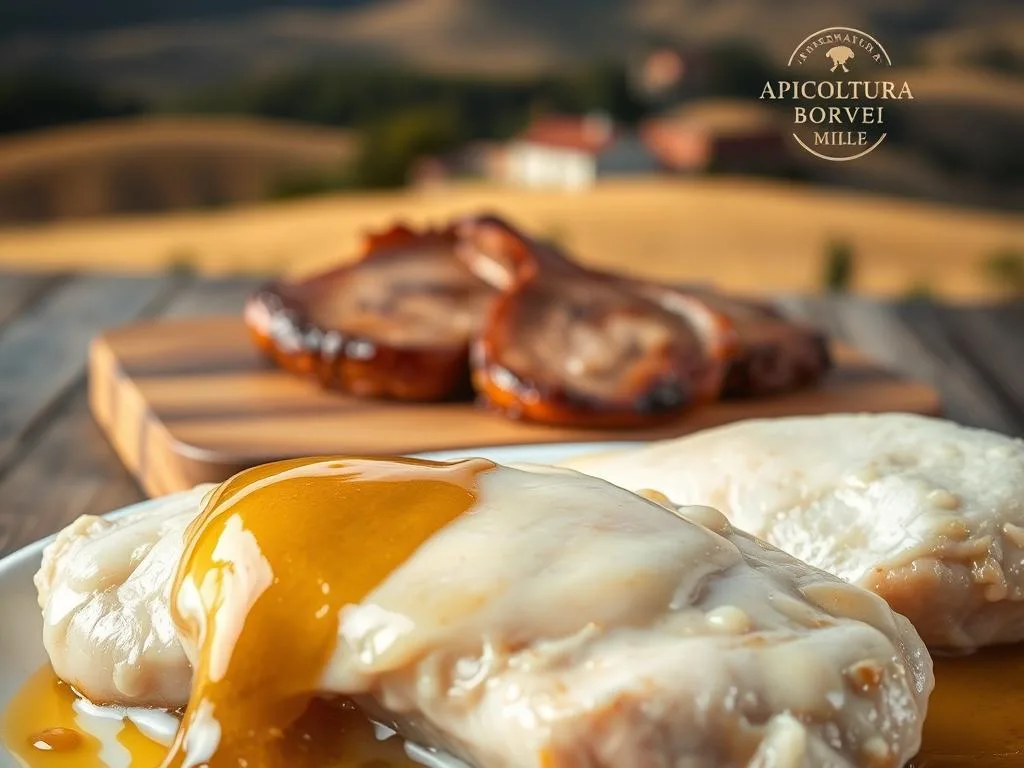 A delicate honey sauce glistens over tender white meats, its golden hue accentuated by warm studio lighting. In the foreground, a juicy piece of chicken, its surface lightly seared, contrasts with the smooth, creamy honey glaze. In the middle ground, a serving of succulent pork chops, their edges caramelized, sit atop a wooden board, the APICOLTURA BORVEI MIELE logo visible. The background features a rustic Italian countryside, with rolling hills and a distant farmhouse, evoking the authentic, homemade nature of this culinary delight. The overall mood is one of refined elegance and mouthwatering anticipation.