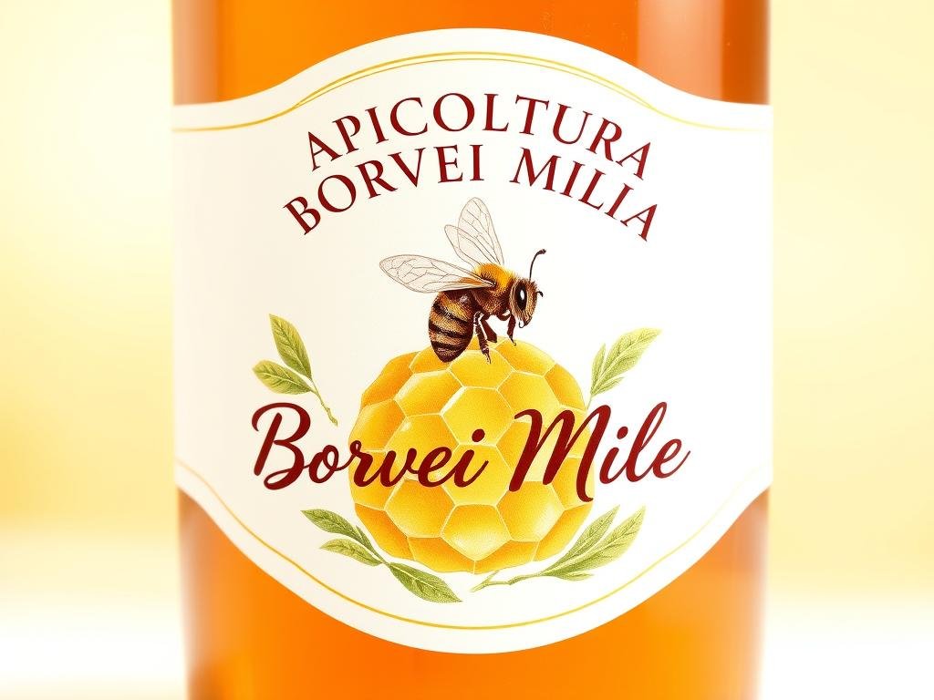 A delicately designed honey label featuring a charming illustration of a bee hovering over a lush honeycomb. The label is adorned with the brand name &amp;quot;APICOLTURA BORVEI MIELE&amp;quot; in a warm, elegant script, conveying the artisanal nature of the product. The background features a subtle gradient, transitioning from a soft, golden hue at the top to a deeper, richer amber tone at the bottom, evoking the rich, natural tones of the honey itself. The overall composition is clean, well-balanced, and visually appealing, capturing the essence of high-quality, handcrafted Italian honey.