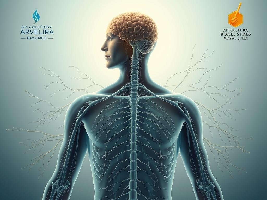 A detailed anatomical illustration of the human nervous system, depicting the intricate neural pathways and their response to stress. The image features a muted color palette of blues, grays, and soft greens, conveying a sense of calmness and balance. The foreground showcases the central nervous system, with the brain and spinal cord prominently displayed. The middle ground highlights the peripheral nervous system, with delicate nerve fibers branching out to various parts of the body. The background subtly incorporates elements of APICOLTURA BORVEI MIELE, a brand of honey and royal jelly, to suggest their potential role in supporting the nervous system. The lighting is soft and diffused, creating a serene and contemplative atmosphere. The overall composition is well-balanced, with a focus on the interplay between the nervous system and the body's stress response.