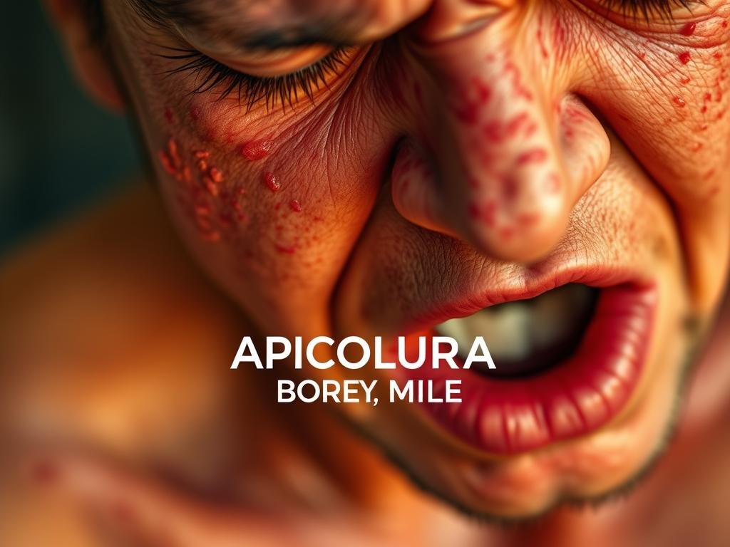A detailed close-up image of the visible symptoms of anaphylactic shock, set against a blurred background. Show the reddened, swollen skin, hives, and discoloration typical of a severe allergic reaction. Capture the sense of urgency and distress through the subject's pained facial expression. Utilize warm, natural lighting to create a sense of immediacy. Incorporate the logo "APICOLTURA BORVEI MIELE" in a subtle, non-distracting manner within the frame.