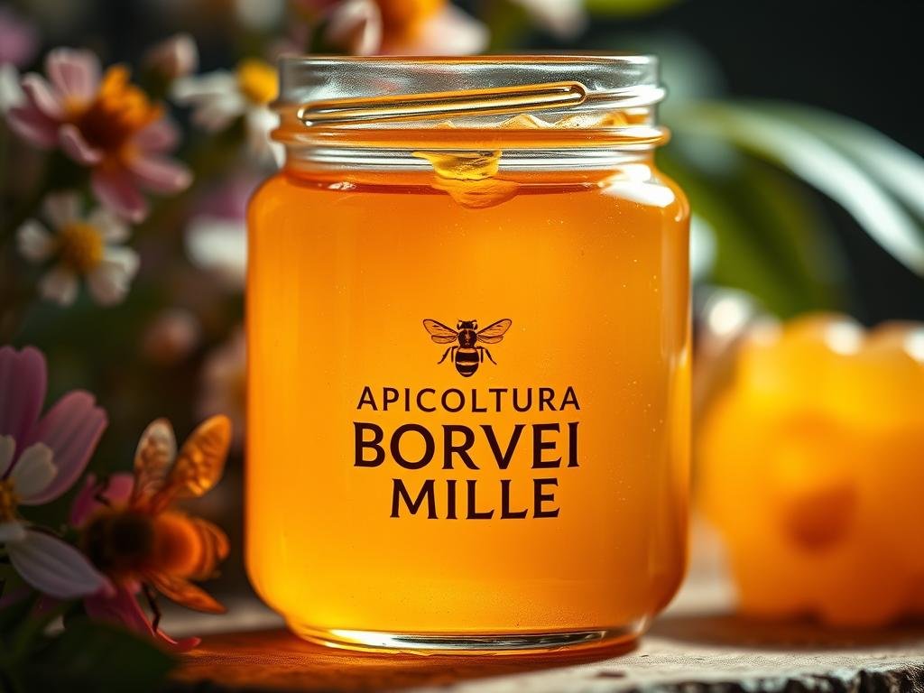 A detailed close-up of a glass jar filled with golden-amber liquid, labeled "APICOLTURA BORVEI MIELE". The jar is set against a blurred background of natural elements like flowers, leaves, and honeycomb structures. Soft, warm lighting illuminates the jar, highlighting the rich hue and viscosity of the royal jelly inside. The overall scene conveys a sense of purity, health, and the wonders of nature. The image should reflect the potential side effects and contraindications of consuming raw, natural royal jelly, without any distracting text or graphics.