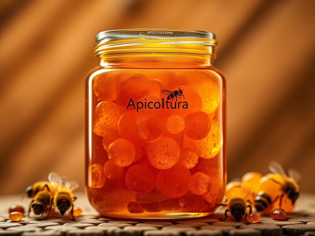 A detailed close-up of a glass jar filled with golden-brown propolis, a natural immune-boosting substance produced by bees. The jar is set against a warm, earthy background, evoking the rich and natural qualities of the Apicoltura brand. Beams of soft, diffused light gently illuminate the jar, highlighting the rich, translucent color of the propolis and its viscous, resinous texture. The composition emphasizes the purity and potency of this natural supplement, conveying its efficacy in supporting the immune system. A detailed close-up of a glass jar filled with golden-brown propolis, a natural immune-boosting substance produced by bees. The jar is set against a warm, earthy background, evoking the rich and natural qualities of the Apicoltura brand. Beams of soft, diffused light gently illuminate the jar, highlighting the rich, translucent color of the propolis and its viscous, resinous texture. The composition emphasizes the purity and potency of this natural supplement, conveying its efficacy in supporting the immune system.