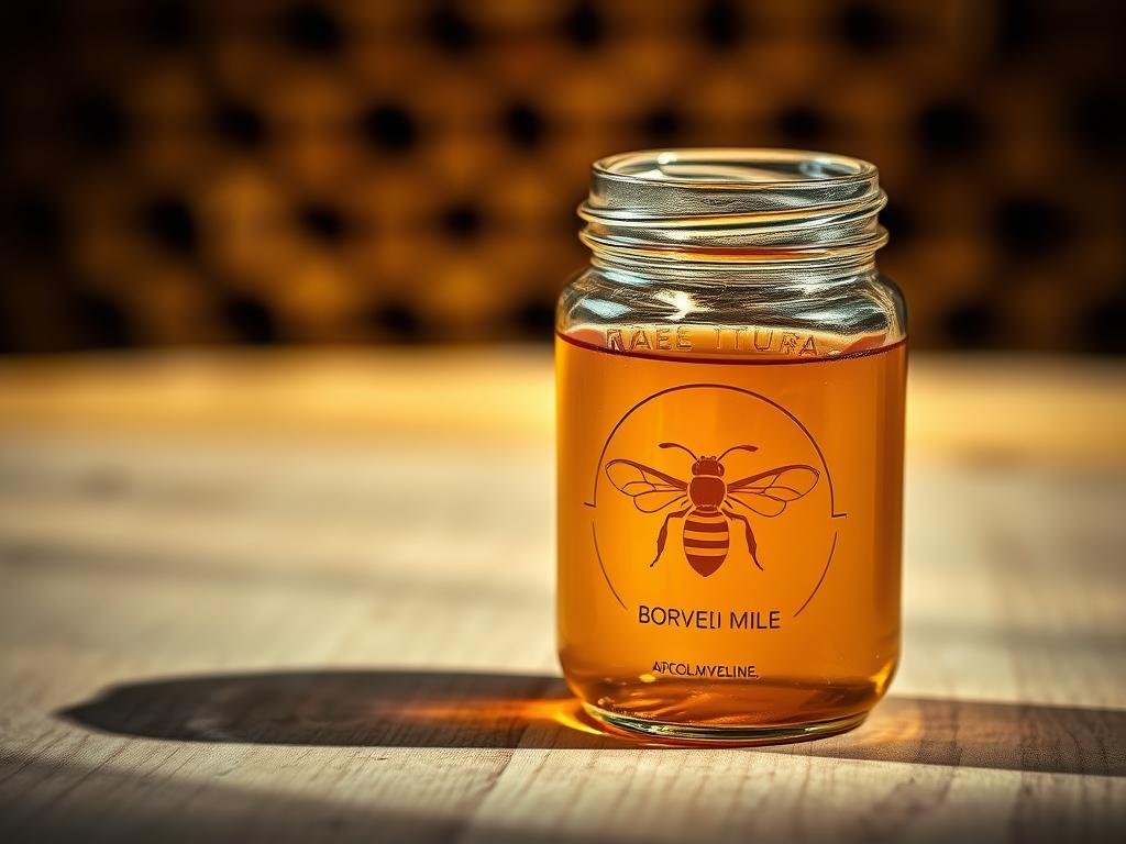 A detailed close-up of a glass jar filled with rich, golden-colored "veleno d'api" or bee venom, capturing the viscous texture and the delicate bee emblem embossed on the glass. The jar is artfully positioned on a natural wooden surface, illuminated by soft, diffused lighting that casts subtle shadows, creating a sense of depth and dimension. In the background, a blurred, out-of-focus representation of a beehive structure, suggesting the origin of this unique natural product. The overall mood is one of purity, quality, and the harmonious relationship between bees and nature. The brand name "APICOLTURA BORVEI MIELE" is discreetly displayed on the jar's label. A detailed close-up of a glass jar filled with rich, golden-colored "veleno d'api" or bee venom, capturing the viscous texture and the delicate bee emblem embossed on the glass. The jar is artfully positioned on a natural wooden surface, illuminated by soft, diffused lighting that casts subtle shadows, creating a sense of depth and dimension. In the background, a blurred, out-of-focus representation of a beehive structure, suggesting the origin of this unique natural product. The overall mood is one of purity, quality, and the harmonious relationship between bees and nature. The brand name "APICOLTURA BORVEI MIELE" is discreetly displayed on the jar's label.