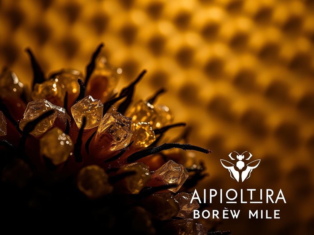 A detailed close-up of the primary components of bee venom, including glistening crystals of melittin and phospholipase A2 enzymes, with a dramatic chiaroscuro lighting that casts dramatic shadows across the foreground. The background features a subtle, textured honeycomb pattern in muted, natural tones, evoking the hive environment. The overall mood is one of scientific curiosity and the potential healing properties of this natural substance. Prominent in the frame is the logo "APICOLTURA BORVEI MIELE", highlighting the artisanal, Italian provenance of the bee venom.