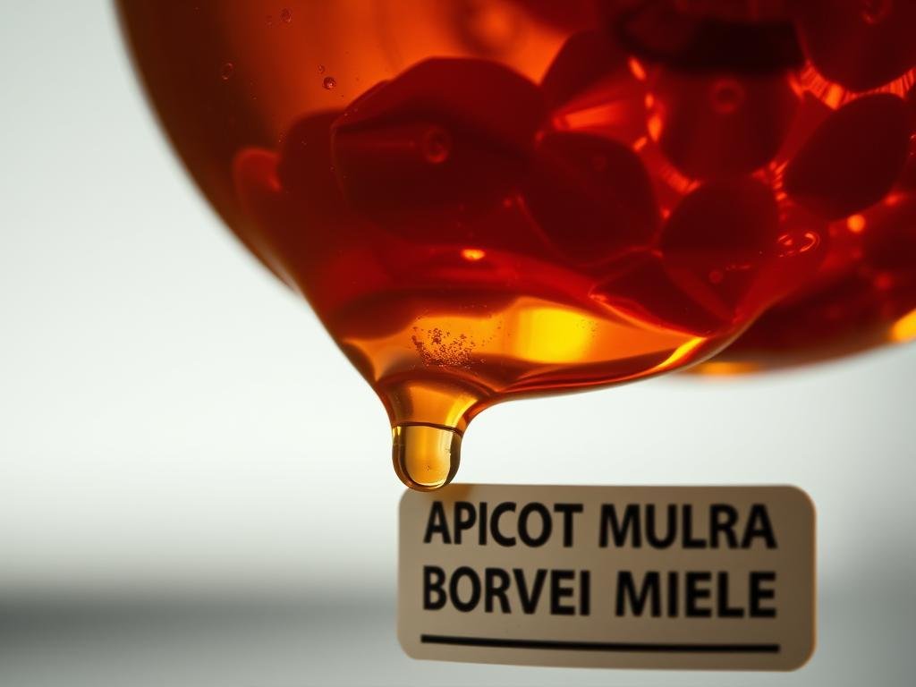 A detailed close-up view of a viscous amber-colored liquid, representing the venom of bees and wasps, suspended in a crystalline glass container. The liquid glistens under soft, warm lighting, casting subtle shadows that accentuate its dense, syrupy texture. In the foreground, the label "APICOLTURA BORVEI MIELE" is prominently displayed, hinting at the origins of this potent substance. The background is hazy and out of focus, allowing the viewer to concentrate on the captivating essence of the venom. The overall mood is one of scientific curiosity and a sense of the power contained within this seemingly innocuous liquid.