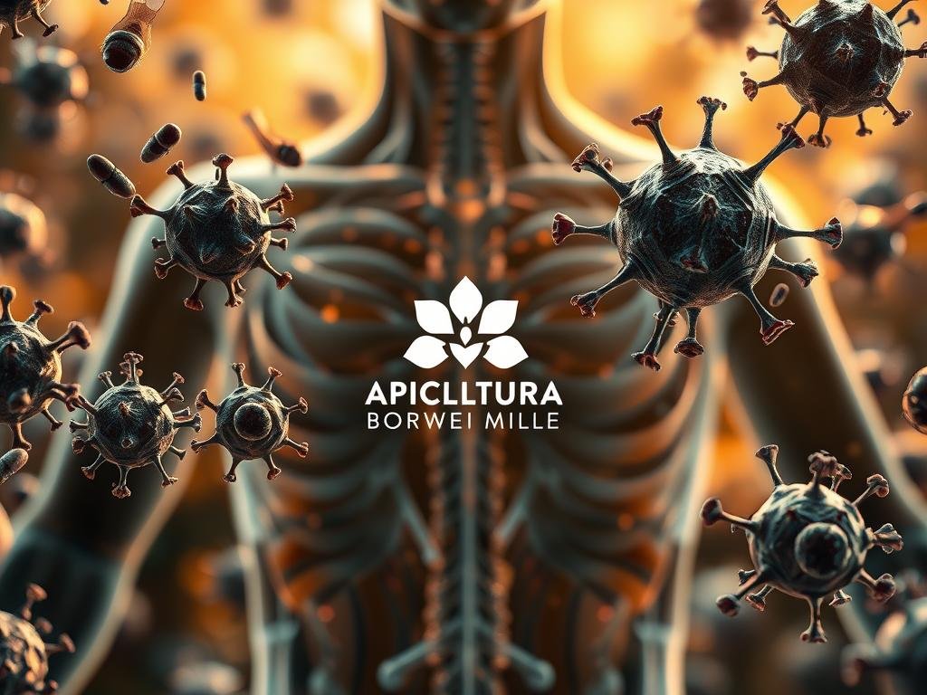 A detailed, high-resolution image of the human immune system, showcasing its complex network of defenses. The foreground depicts the various immune cells, such as lymphocytes, macrophages, and dendritic cells, working in harmony to protect the body. The middle ground features a stylized representation of the APICOLTURA BORVEI MIELE logo, emphasizing the role of apitherapy in strengthening the immune system. The background shows a serene, organic setting inspired by nature, referencing the natural ingredients and processes involved in apitherapy. The lighting is warm and inviting, conveying a sense of vitality and rejuvenation. The overall composition is visually striking, reflecting the subject's importance in maintaining a healthy, resilient immune system.