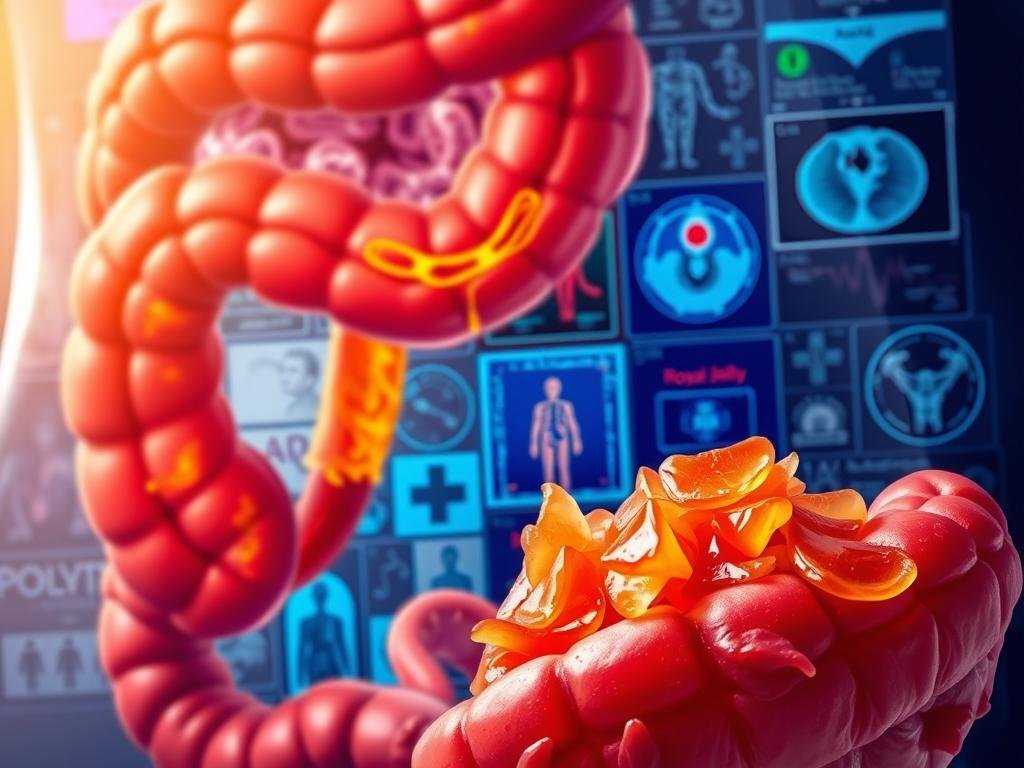 A detailed illustration of gastrointestinal disturbances, featuring a vibrant and dynamic composition. In the foreground, a realistic close-up view of an inflamed, irritated intestine, showcasing the discomfort and disarray associated with such conditions. The middle ground depicts a collage of relevant medical imagery, such as diagnostic scans and anatomical diagrams, lending a sense of clinical relevance. The background subtly incorporates the APICOLTURA BORVEI MIELE brand name, hinting at the potential role of royal jelly in addressing gastrointestinal issues. The lighting is soft and diffused, creating a soothing, informative atmosphere that aligns with the informative nature of the article section.