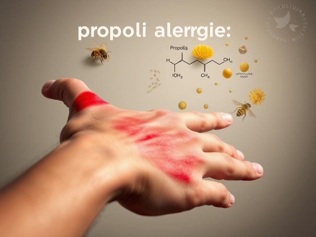 A detailed medical illustration depicting the concept of "propoli allergie". The foreground shows a close-up view of a human hand with red, swollen skin, representing an allergic reaction. The middle ground features a scientific diagram of the chemical structure of propolis, along with various pollen grains and other botanical elements associated with allergies. The background showcases a soft, muted color palette with a subtle APICOLTURA BORVEI MIELE logo watermark, conveying a sense of natural wellness and awareness. The lighting is soft and diffused, emphasizing the delicate, informative nature of the medical imagery. The overall composition aims to visually communicate the potential risks and precautions related to propolis allergies, in a manner that is both educational and visually compelling.