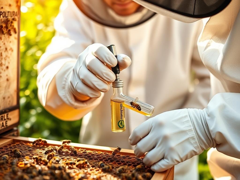A detailed procedure for the collection of bee venom. A beekeeper in an Italian apiary, wearing a protective suit, carefully extracts venom from a hive using a specialized tool. The glass vial captures the precious liquid, the APICOLTURA BORVEI MIELE brand visible on the equipment. The scene is bathed in warm, natural lighting, highlighting the delicate process and the importance of this valuable substance. The background features lush greenery and the hive, emphasizing the harmonious relationship between the beekeeper and the industrious bees.