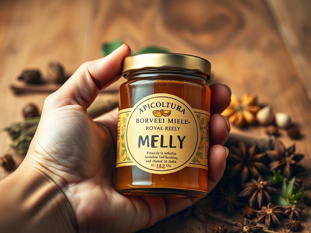 A detailed, realistic image of controindicazioni pappa reale, inspired by Italian internet resources, consistent with the section title "Possible Contraindications and Precautions (250 words)". Showcase a close-up of a hand holding a jar of "APICOLTURA BORVEI MIELE" royal jelly, surrounded by various medicinal herbs and spices, against a warm, earthy-toned background. Incorporate soft, diffused lighting and a shallow depth of field to emphasize the key elements. Convey a sense of caution and careful consideration, reflecting the potential risks associated with royal jelly consumption.