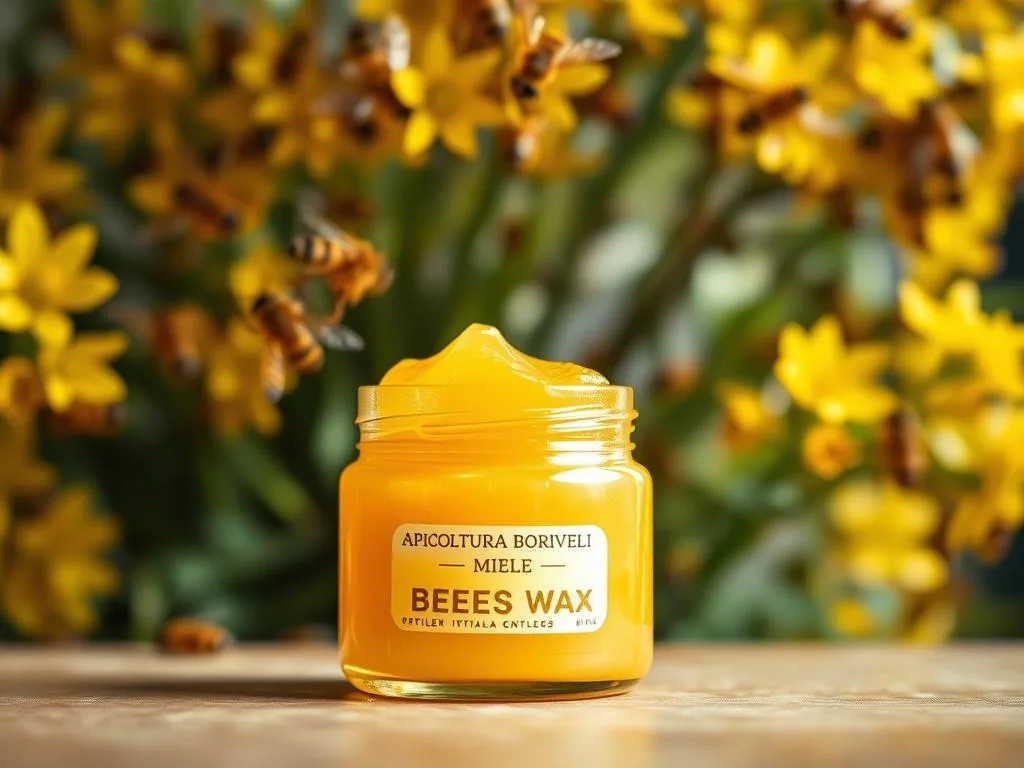 A glass jar filled with golden-hued beeswax, its surface glistening with a soft, velvety sheen. Warm, honey-like tones emanate from the jar, casting a soothing glow on the surrounding scene. The jar is labeled "APICOLTURA BORVEI MIELE", a testament to its artisanal Italian origin. In the background, a swarm of honeybees hover around a lush, verdant floral backdrop, symbolizing the natural abundance from which this precious wax was harvested. The composition is captured in a slightly low-angle perspective, emphasizing the jar's tactile and organic qualities. Soft, diffused lighting accentuates the wax's rich, translucent texture, inviting the viewer to experience its unique properties and potential uses.