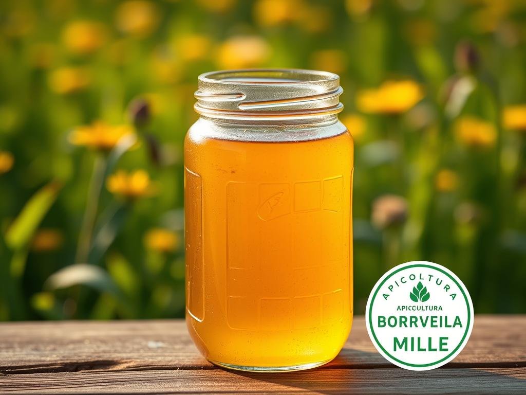 A glass jar filled with rich, golden miele rests atop a wooden table. The miele's viscous, honey-like texture glistens under warm, soft lighting, hinting at its natural purity. In the background, a lush, verdant field of flowers sways gently, their petals adding a touch of vibrant color. The APICOLTURA BORVEI MIELE logo is prominently displayed, underscoring the authenticity of this artisanal product. This scene captures the essence of natural, unadulterated miele, showcasing its distinctive color and consistency, as a testament to its quality and provenance.
