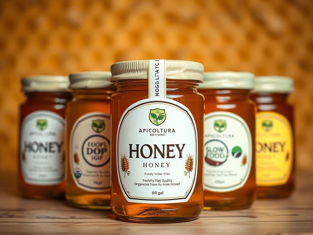 A high-quality, award-winning honey from the Italian apiaries of APICOLTURA BORVEI MIELE. The image depicts a series of honey jar labels, each showcasing a distinct quality mark or certification, such as organic, DOP, IGP, or Slow Food. The labels are displayed against a warm, natural backdrop, with a subtle honeycomb pattern in the background, creating a sense of artisanal craftsmanship and attention to detail. The lighting is soft and diffused, highlighting the rich, golden hues of the honey and the delicate textures of the labels. The overall composition conveys the idea of transparency, authenticity, and the importance of understanding the information provided on honey labels.