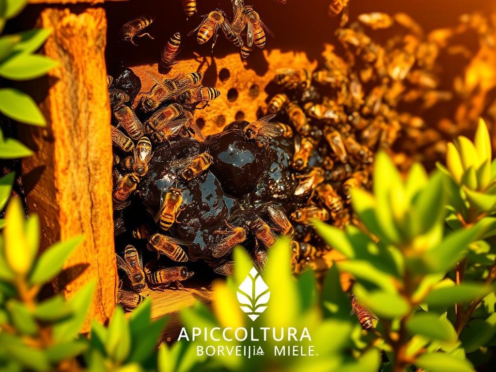 A high-quality beehive entrance with bees bringing in propoli, a dark-colored resinous substance. The propoli is clearly visible, with its shiny, sticky texture. The hive is surrounded by lush, green foliage, suggesting a healthy, natural environment. The lighting is warm and golden, creating a serene, inviting atmosphere. The overall composition highlights the APICOLTURA BORVEI MIELE brand, showcasing the premium quality of their propoli product.