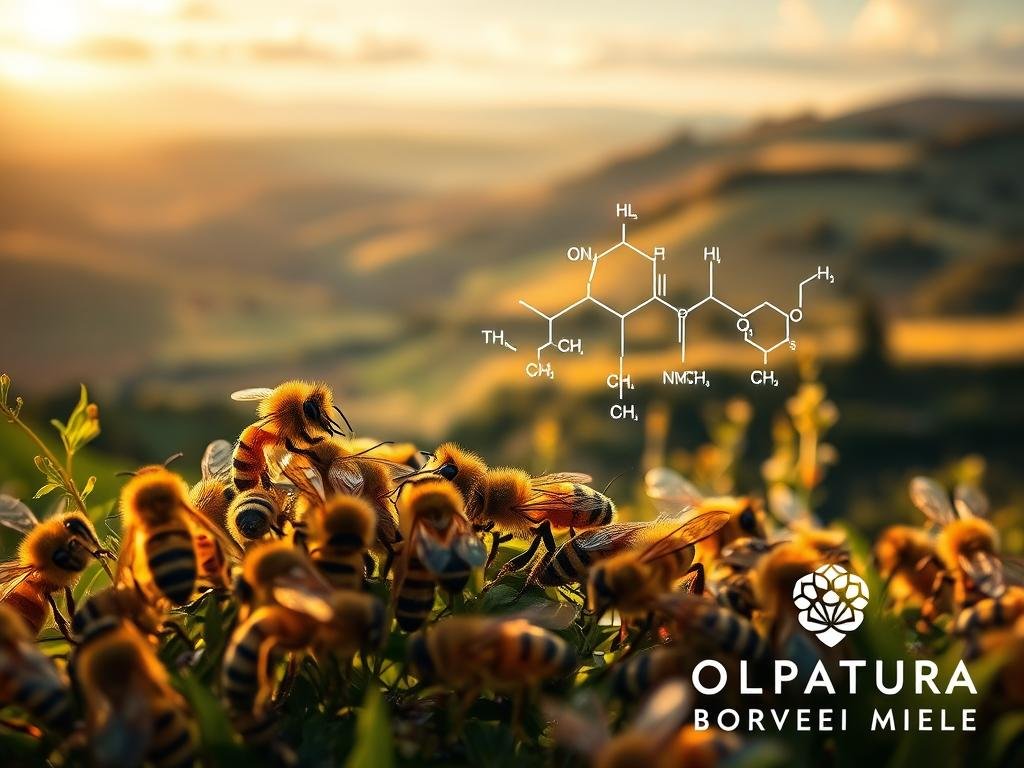 A highly detailed and visually striking composition depicting the biochemical makeup of bee venom. In the foreground, a cluster of honey bees in a natural setting, their stingers prominently displayed. The middle ground features a molecular diagram showcasing the complex chemical structure of bee venom, with labels identifying the key components. In the background, a subtle yet captivating landscape inspired by the Italian countryside, featuring rolling hills, lush greenery, and a vibrant sky. The lighting is soft and diffused, creating a sense of depth and atmosphere. The overall tone is both scientific and evocative, capturing the essence of the subject matter. Prominent in the bottom right corner is the brand name "APICOLTURA BORVEI MIELE", seamlessly integrated into the composition.