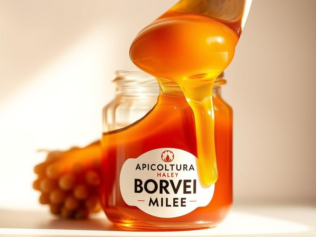 A luscious, amber-hued honey glistening in a glass jar, its viscous texture invitingly apparent. The jar is set against a neutral background, allowing the honey's natural color and consistency to be the focal point. Soft, diffused lighting from the side casts gentle shadows, highlighting the honey's flow and movement. The jar features the "APICOLTURA BORVEI MIELE" branding, subtly integrated into the scene. This image captures the essence of pure, unadulterated honey, conveying the quality and authenticity that the article seeks to illustrate.