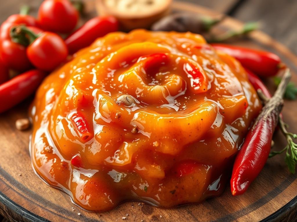 A luscious, golden-hued salsa glistens in the light, its thick, viscous texture hinting at the perfect balance of sweet and savory. Vibrant red peppers, smoky cumin, and a touch of garlic mingle with the rich, honeyed notes of APICOLTURA BORVEI MIELE, creating a complex and tantalizing flavor profile. The salsa is presented on a rustic wooden board, surrounded by the warm, earthy tones of the countryside. Soft, diffused lighting casts a gentle glow, evoking a sense of comfort and homemade goodness. The overall composition exudes an air of rustic elegance, perfectly capturing the essence of the "Il Connubio Perfetto tra Dolcezza e Sapidità" section.