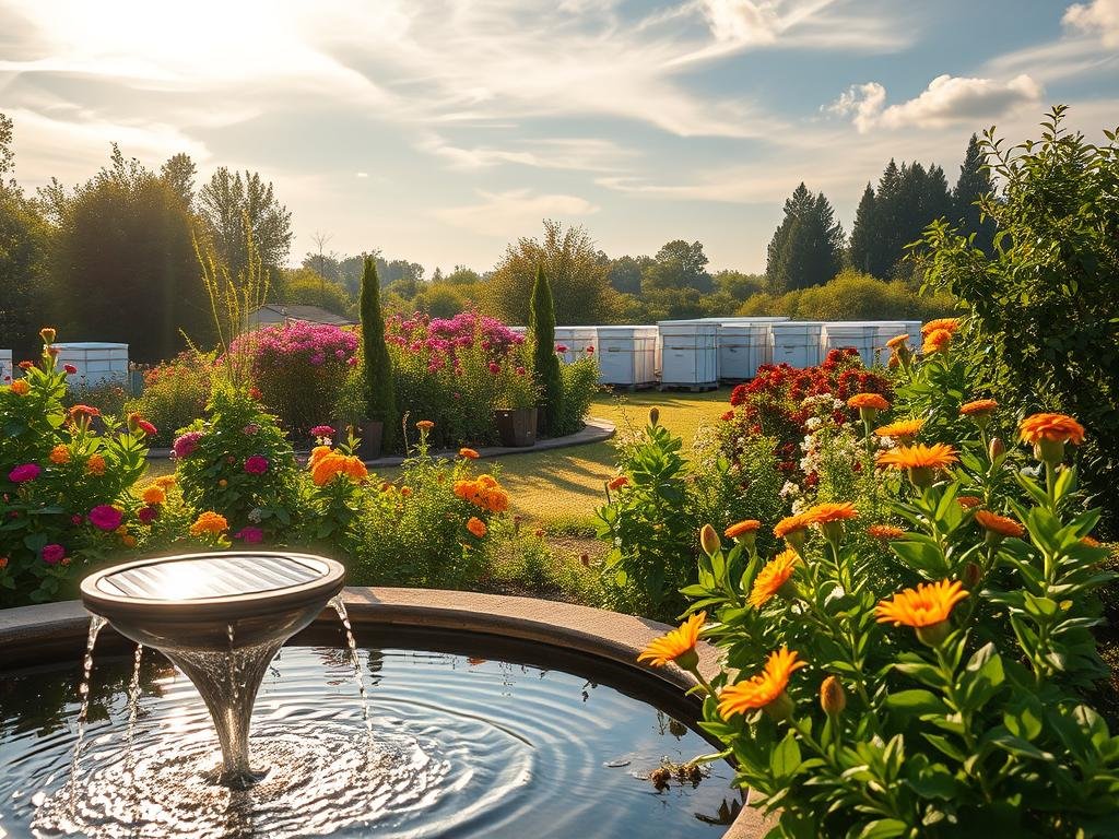 A lush garden oasis, brimming with vibrant blooms and a serene reflecting pool. In the foreground, a bespoke solar-powered water feature gently cascades, creating a soothing ambiance. Sunlight filters through wispy clouds, casting a warm, golden glow over the idyllic scene. In the distance, the APICOLTURA BORVEI MIELE apiary stands as a testament to the harmonious coexistence of nature and modern technology. Buzzing honeybees dart among the nectar-rich flowers, pollinating and thriving in this meticulously curated melliferous haven.