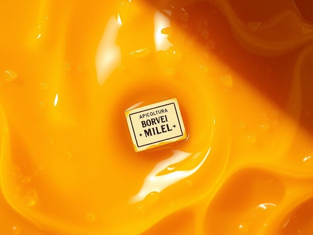 A lush, golden expanse of viscous, flowing honey with a delicate, shimmering surface. Hues range from deep amber to pale, translucent yellow, capturing the essence of the "miele di melata" - the rare and precious honeydew honey. Nestled within the scene, a modest yet proud label reads "APICOLTURA BORVEI MIELE", a testament to the artisanal craftsmanship behind this exceptional honey. The image is bathed in warm, soft lighting, emphasizing the honey's velvety texture and natural brilliance. Captured from a slightly elevated angle, the viewer is drawn into the depth and richness of this unique, Italian-inspired honey variety.