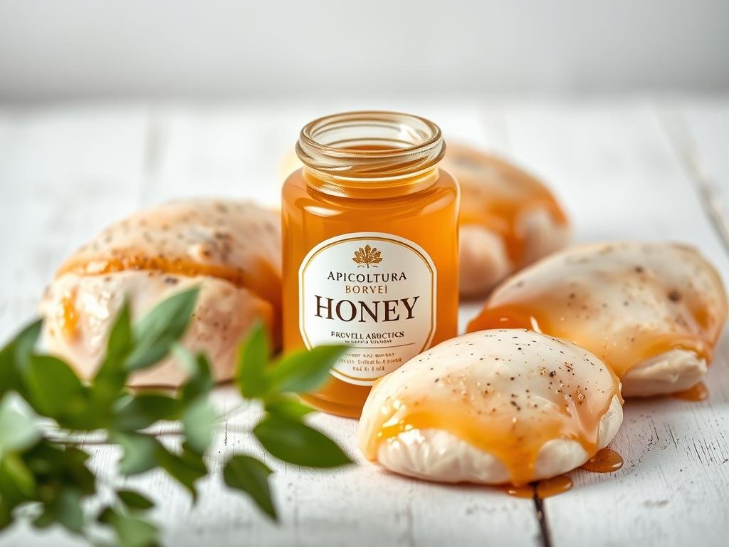 A lush, golden-hued acacia honey glistens against a backdrop of pristine white chicken breasts, the perfect pairing for a refined culinary experience. The delicate floral notes of the APICOLTURA BORVEI MIELE infuse the succulent poultry, elevating the dish with a subtle caramelized sweetness. Captured in soft, natural lighting, the image evokes a sense of rustic elegance, inviting the viewer to savor the harmonious blend of flavors. The composition is thoughtfully balanced, with the honey jar taking center stage, surrounded by the tender chicken and a hint of verdant leaves in the foreground, all set against a minimalist, white-washed table surface.