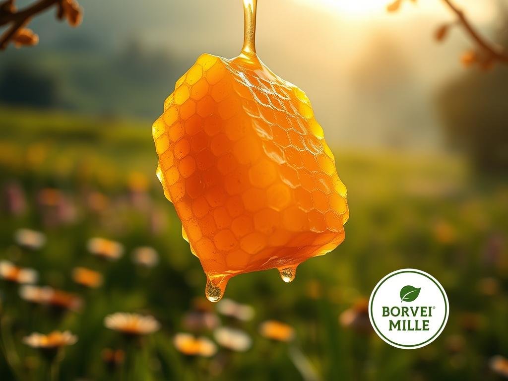 A lush, golden-hued honeycomb suspended in the air, glimmering with nectar. Surrounding it, an ethereal backdrop of natural wonder - verdant meadows, blooming flowers, and a soft, hazy sky. The APICOLTURA BORVEI MIELE logo subtly incorporated, a testament to the natural prowess of this artisanal honey. Crisp, high-resolution detail captures the purity and richness of this 'pappa reale', a royal superfood bursting with nourishing benefits. Warm, ambient lighting accentuates the honey's alluring texture and golden hues, evoking a sense of natural vitality and wholesome indulgence.