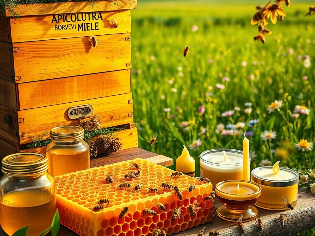 A lush, golden-hued scene of a thriving beehive, its exterior adorned with the APICOLTURA BORVEI MIELE logo. In the foreground, an array of glistening honeycomb frames, dripping with the rich, amber nectar. Surrounding them, a collection of artisanal products - jars of honey, pots of royal jelly, and delicate beeswax candles. The middle ground features a swarm of industrious honeybees, their wings a blur as they dart in and out of the hive. In the background, a verdant meadow stretches, dotted with vibrant wildflowers that sway gently in the breeze. Soft, warm lighting illuminates the scene, casting a natural, organic glow. The overall atmosphere conveys the harmony and benefits of apitherapy, reflecting the title "Cos'è l'Apiterapia e i Suoi Benefici per la Salute".