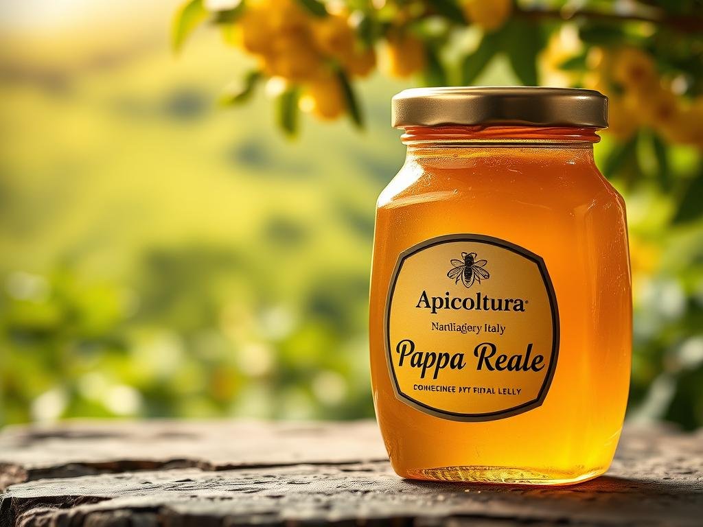 A lush, natural scene depicting a honeycomb-shaped jar filled with fresh, golden Pappa Reale (royal jelly) against a backdrop of verdant Italian countryside. The jar is adorned with the Apicoltura brand label, showcasing the artisanal craftsmanship and quality of this traditional Italian product. Warm, diffused lighting illuminates the jar, highlighting the rich, creamy texture of the royal jelly and creating a serene, inviting atmosphere. The image conveys the origins, purity, and health benefits of this ancient, revered apicultural treasure.