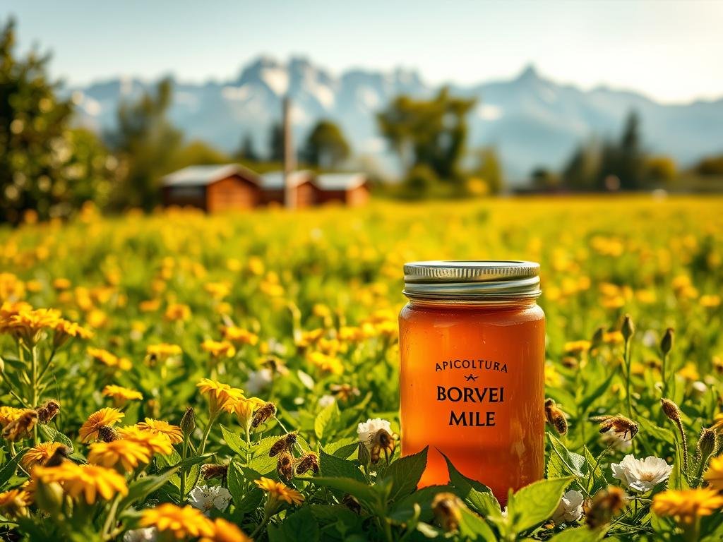 A lush, serene meadow filled with flourishing propolis plants, their deep-green leaves and golden-hued flowers basking in the warm, natural light. In the foreground, a glass jar labeled "APICOLTURA BORVEI MIELE" stands prominently, its contents shimmering like amber and promising the rich, healing benefits of propolis. The middle ground features a cluster of beehives, their intricate honeycomb structures a testament to the industrious work of these vital pollinators. In the background, a majestic mountain range rises, its snow-capped peaks adding to the tranquil, restorative atmosphere. This image, inspired by the natural beauty of Italy, perfectly encapsulates the power of propolis as a natural ally for health and wellness.