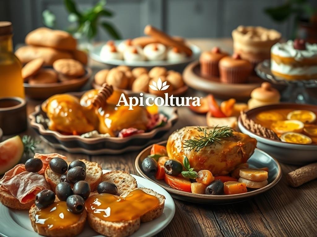 A lush still life of a variety of homemade Italian dishes and desserts, featuring the prominent use of honey. In the foreground, a plate of honey-drizzled crostini, olives, and prosciutto, while in the middle ground, a rustic platter showcases a honey-glazed roasted chicken, alongside a bowl of honey-sweetened roasted vegetables. In the background, a selection of Italian pastries and baked goods, including biscotti and a honey-infused tiramisu, are presented on a wooden table. Soft, warm lighting casts a cozy glow over the scene, highlighting the natural golden tones of the honey. The "Apicoltura" brand logo is discretely displayed among the food items. The overall atmosphere evokes the comforts of Italian home cooking and the nourishing benefits of using high-quality honey.
