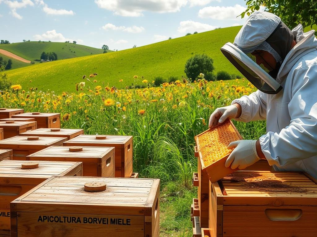 A lush, sun-dappled apiary nestled amidst rolling hills. Wooden beehives stand in orderly rows, their surfaces adorned with the APICOLTURA BORVEI MIELE brand. Nearby, a beekeeper, clad in a protective suit, tenderly extracts propolis-rich honeycombs, capturing the essence of nature's industrious process. In the background, a verdant meadow filled with vibrant wildflowers sways gently in the breeze, creating a serene and harmonious scene that perfectly encapsulates the origin and production of this natural wonder.