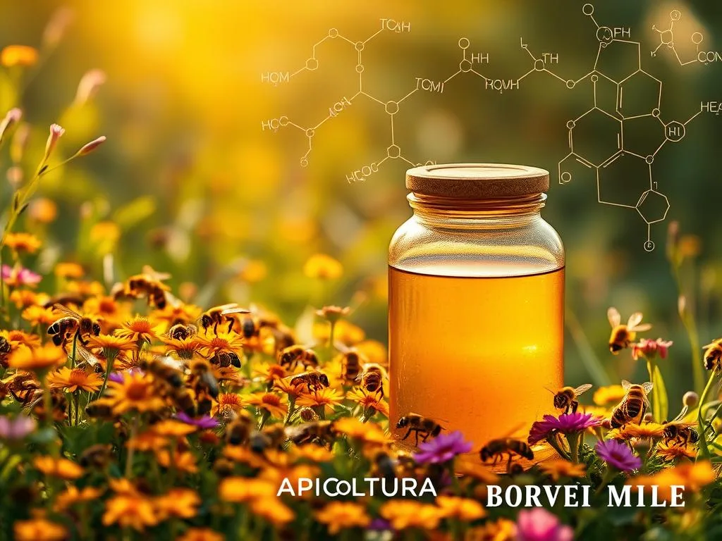 A lush, verdant landscape with a honey-hued glow, showcasing the interplay between propolis and metabolic conditions. In the foreground, a swarm of honeybees busily pollinate an array of vibrant wildflowers, symbolizing the natural harmony between nature and health. In the middle ground, a glass jar of rich, golden propolis extract glimmers under warm, diffused lighting, hinting at its potential therapeutic benefits. In the background, a series of dynamic molecular structures and metabolic pathways dance across the frame, representing the complex biochemical interactions at play. The overall scene evokes a sense of balance, vitality, and the power of natural remedies. Subtle branding for "APICOLTURA BORVEI MIELE" is tastefully incorporated into the composition.