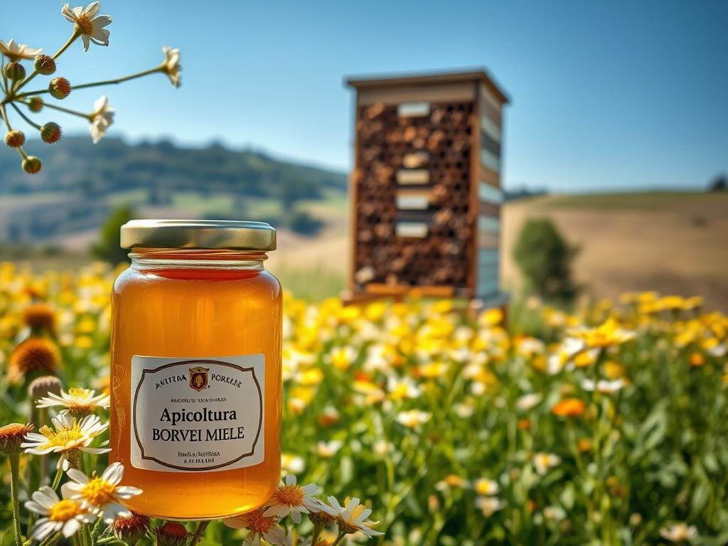 A lush, vibrant field of blooming apiaceae flowers, their delicate petals swaying in the gentle breeze. In the foreground, a glass jar filled with rich, golden honey from the APICOLTURA BORVEI MIELE brand, its label prominently displayed. In the middle ground, a towering beehive, its intricate honeycomb structure visible through the transparent panels. In the background, a picturesque Italian countryside landscape, with rolling hills and a clear blue sky. The scene is bathed in soft, natural lighting, creating a warm and inviting atmosphere. The overall mood is one of serenity, harmony, and the powerful connection between nature, apiculture, and human wellness.