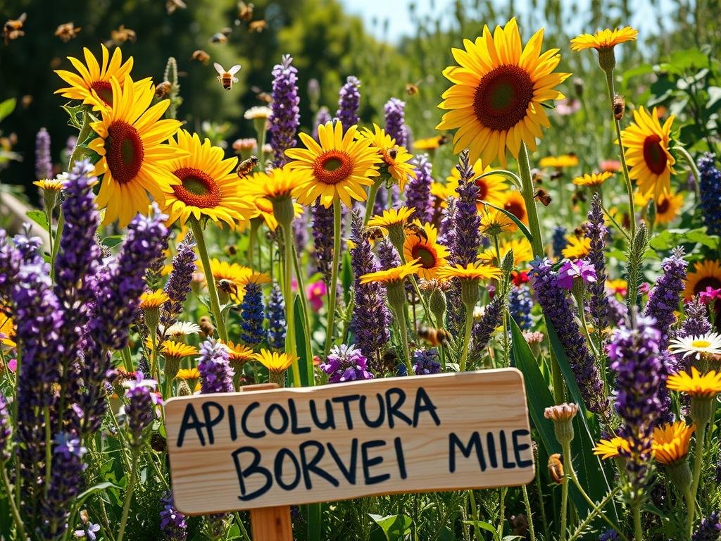 A lush, vibrant garden bursting with an array of nectar-rich flowers and plants, bathed in warm Mediterranean sunlight. Towering sunflowers, fragrant lavender, and clusters of wildflowers sway gently in the breeze. Bees flit from bloom to bloom, gathering precious pollen and nectar. In the foreground, a hand-painted sign reads "APICOLTURA BORVEI MIELE", showcasing the high-quality honey produced from these bountiful melliferous plants. The scene evokes a sense of tranquility and abundance, perfectly capturing the essence of the Mediterranean climate and its ideal conditions for thriving apiculture.