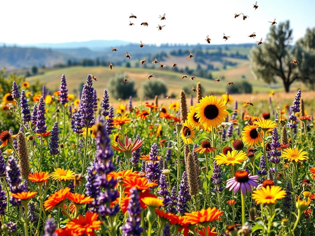 A lush, vibrant garden filled with a diverse array of flowering plants, their petals brimming with nectar and pollen, inviting a swarm of buzzing honeybees. The foreground showcases the "Apicoltura" brand, with an array of blooming, bee-friendly flowers in the middle ground, such as lavender, sunflowers, and wildflowers. The background features a serene, idyllic Italian countryside, with rolling hills, olive trees, and a clear blue sky. The lighting is natural and diffused, casting a warm, golden glow over the scene, accentuating the rich colors and textures of the plants. This captivating image perfectly captures the essence of "piante mellifere" and their importance in the Italian gardening landscape.