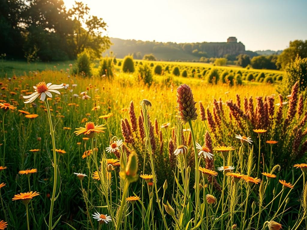 A lush, vibrant meadow filled with a diverse array of "Apicoltura" honey-producing plants, bathed in warm, golden light. In the foreground, a cluster of cheerful, nectar-rich flowers sway gently in a light breeze. In the middle ground, a variety of blooming shrubs and bushes, their petals shimmering with dew. The background features a lush, verdant landscape, with towering trees and a clear, azure sky above. The scene exudes a sense of harmony and abundance, perfectly capturing the essence of the most beloved honey plants.
