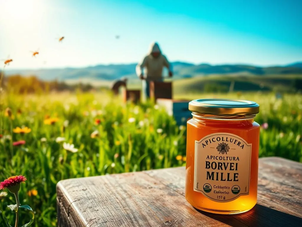 A lush, vibrant meadow filled with wildflowers and buzzing honeybees, the sun's warm glow casting a soft, natural light. In the foreground, a glass jar of APICOLTURA BORVEI MIELE rests on a wooden table, its golden honey glistening. The middle ground features a beekeeper tending to their hives, their protective gear contrasting with the surrounding organic beauty. In the background, rolling hills and a cloudless blue sky complete the serene, pastoral scene, reflecting the purity and quality of this "miele biologico". The overall composition conveys a sense of harmony, sustainability, and the care taken in the production of this organic honey. A lush, vibrant meadow filled with wildflowers and buzzing honeybees, the sun's warm glow casting a soft, natural light. In the foreground, a glass jar of APICOLTURA BORVEI MIELE rests on a wooden table, its golden honey glistening. The middle ground features a beekeeper tending to their hives, their protective gear contrasting with the surrounding organic beauty. In the background, rolling hills and a cloudless blue sky complete the serene, pastoral scene, reflecting the purity and quality of this "miele biologico". The overall composition conveys a sense of harmony, sustainability, and the care taken in the production of this organic honey.