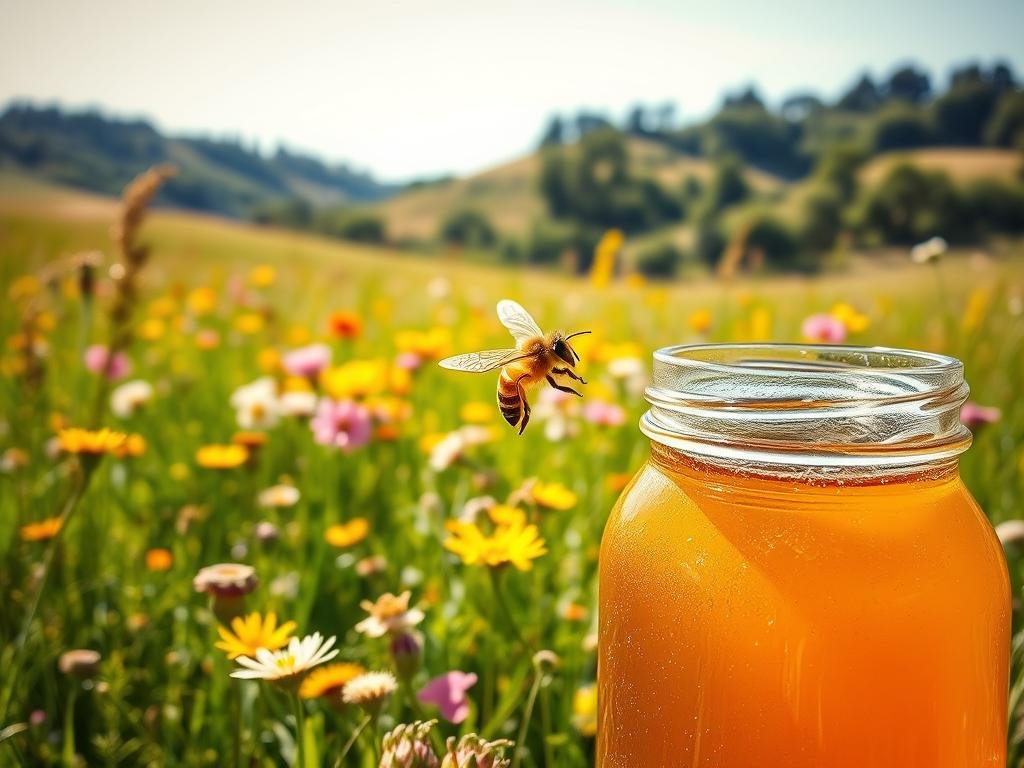 A lush, vibrant meadow in the Italian countryside, bathed in warm afternoon sunlight. In the foreground, a glass jar filled with rich, golden Borvei miele, its surface glistening as a pollen-dusted honeybee hovers nearby. In the middle ground, clusters of colorful wildflowers sway gently in the breeze, their petals unfurling in a tapestry of yellows, pinks, and purples. In the background, a distant hillside is dotted with verdant trees, creating a serene, pastoral scene. The overall mood is one of natural harmony, reflecting the restorative power of the Borvei miele and its potential to alleviate seasonal allergies.