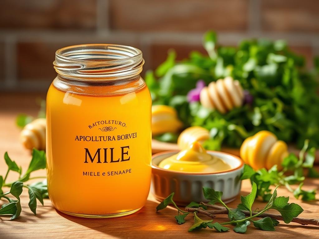 A lush, vibrant still life composition showcasing the harmonious blend of honey and mustard. In the foreground, a glass jar filled with rich, golden APICOLTURA BORVEI MIELE reflects the warm lighting, casting a soft glow across the scene. Beside it, a small ceramic dish holds a dollop of creamy, aromatic Dijon mustard, its hue a perfect counterpoint to the honey's sweetness. The middle ground features a scattering of fresh, crisp greens - perhaps arugula or spinach leaves - alluding to the miele e senape's role as a versatile salad dressing or sandwich condiment. The background subtly suggests an Italian kitchen setting, with a wooden table surface and a hint of terracotta tile or textured wall. The overall atmosphere is one of natural, rustic elegance - a celebration of the simple, yet flavorful combination of these two culinary staples.