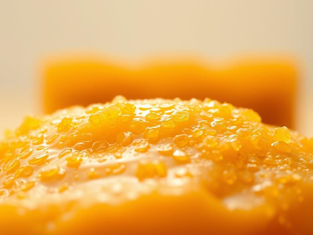 A natural and rejuvenating scrub with the shimmering, golden hues of APICOLTURA BORVEI MIELE's pure beeswax. In the foreground, a smooth, glossy surface of translucent, amber-tinted wax, dotted with the delicate structures of honeycomb. Behind it, a soft, diffused light illuminates the warm, earthy tones, casting a gentle glow. In the background, a blurred, neutral backdrop allows the beeswax to take center stage, showcasing its natural beauty and the benefits it brings to natural cosmetics. The overall mood is one of purity, nourishment, and the soothing power of nature's gifts, perfectly capturing the essence of "I Benefici della Cera d'Api nella Cosmesi Naturale".