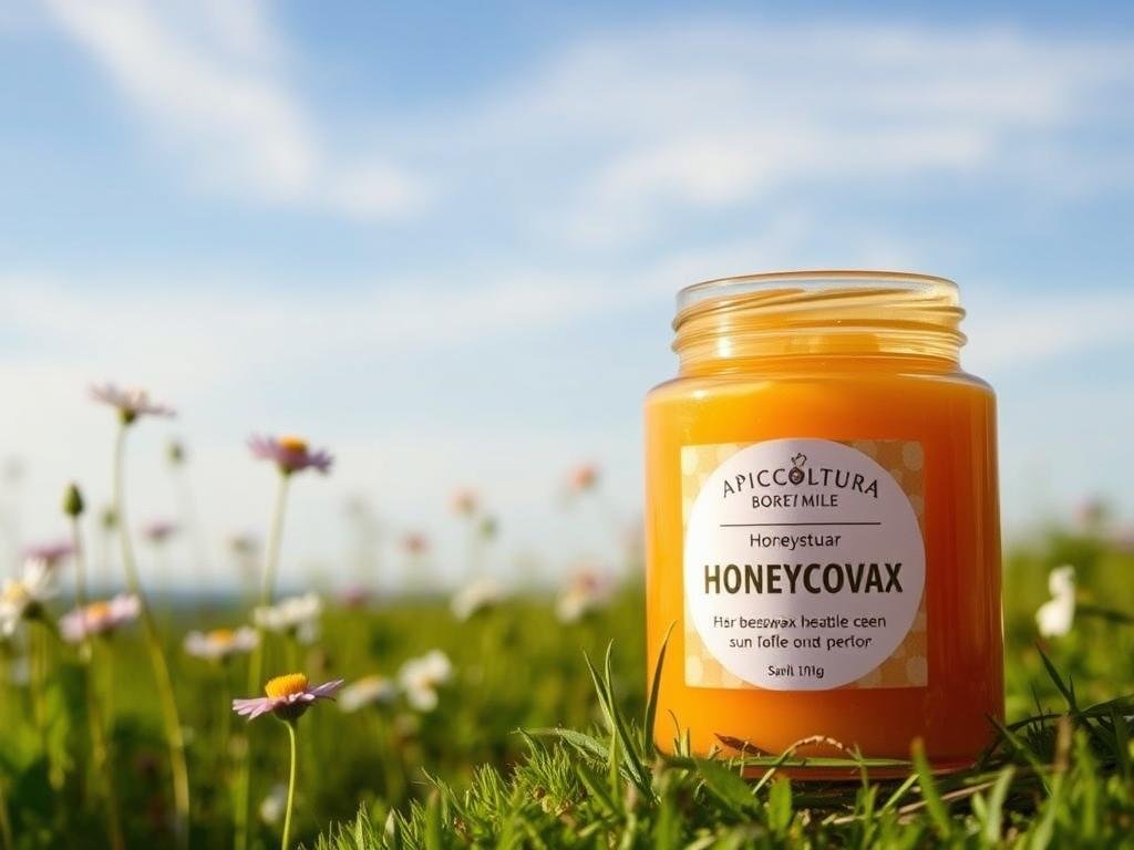 A natural sunscreen scene featuring a jar of honeycomb from APICOLTURA BORVEI MIELE, showcasing the benefits of using beeswax-based sun protection. The foreground displays the jar with warm, soft lighting highlighting the rich golden hue of the wax. The middle ground depicts a lush, verdant meadow with wildflowers in bloom, symbolizing the natural, organic origin of the sunscreen. In the background, a hazy blue sky with wispy clouds creates a serene, calming atmosphere. The overall mood is one of natural, gentle sun protection, conveying the advantages of using a beeswax-based sunscreen over synthetic alternatives.