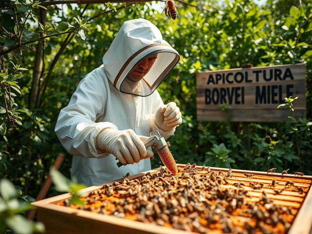 A peaceful apiary nestled amidst lush greenery, where a beekeeper, wearing a protective suit, carefully collects the precious venom from a hive. The scene is bathed in soft, natural lighting, capturing the delicate nature of the process. In the foreground, the beekeeper's hands tenderly guide the collection device, while the hive's industrious residents buzz around. In the background, a wooden signage reads "APICOLTURA BORVEI MIELE", indicating the source of this ethically-sourced, high-quality apiary product. The overall atmosphere conveys a sense of reverence and care for the bees and their valuable resources.