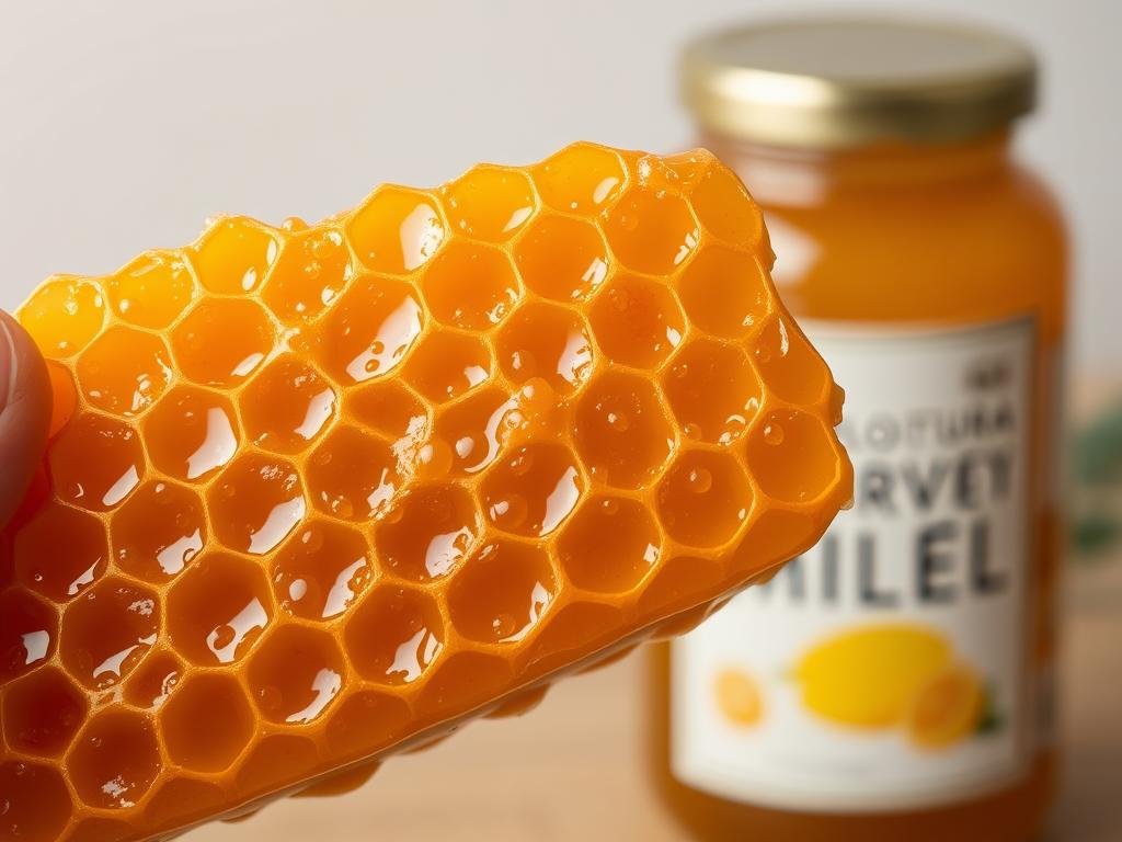 A perfectly lit close-up of a golden-brown, translucent honeycomb filled with viscous, amber-colored pappa reale, the royal jelly produced by honeybees. The comb is held in the foreground, revealing its intricate hexagonal structure and glistening droplets. The middle ground features an out-of-focus jar with the label "APICOLTURA BORVEI MIELE", suggesting the natural source of the jelly. The background is softly blurred, creating a serene, contemplative atmosphere that emphasizes the precious nature of this rare beekeeping product.