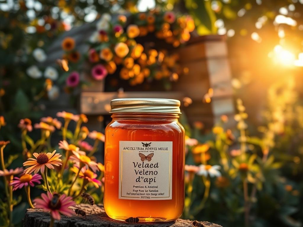 A picturesque Italian apiarian scene, a bountiful hive surrounded by vibrant wildflowers and buzzing bees. Warm sunlight filters through the lush foliage, casting a golden glow. In the foreground, a glass jar filled with rich, amber-hued "Veleno d'api" (Bee Venom) from APICOLTURA BORVEI MIELE, a premium Italian honey producer. The jar's label features elegant typography and a delicate bee motif. The overall mood is one of natural harmony and the restorative power of bee-derived remedies. A picturesque Italian apiarian scene, a bountiful hive surrounded by vibrant wildflowers and buzzing bees. Warm sunlight filters through the lush foliage, casting a golden glow. In the foreground, a glass jar filled with rich, amber-hued "Veleno d'api" (Bee Venom) from APICOLTURA BORVEI MIELE, a premium Italian honey producer. The jar's label features elegant typography and a delicate bee motif. The overall mood is one of natural harmony and the restorative power of bee-derived remedies.
