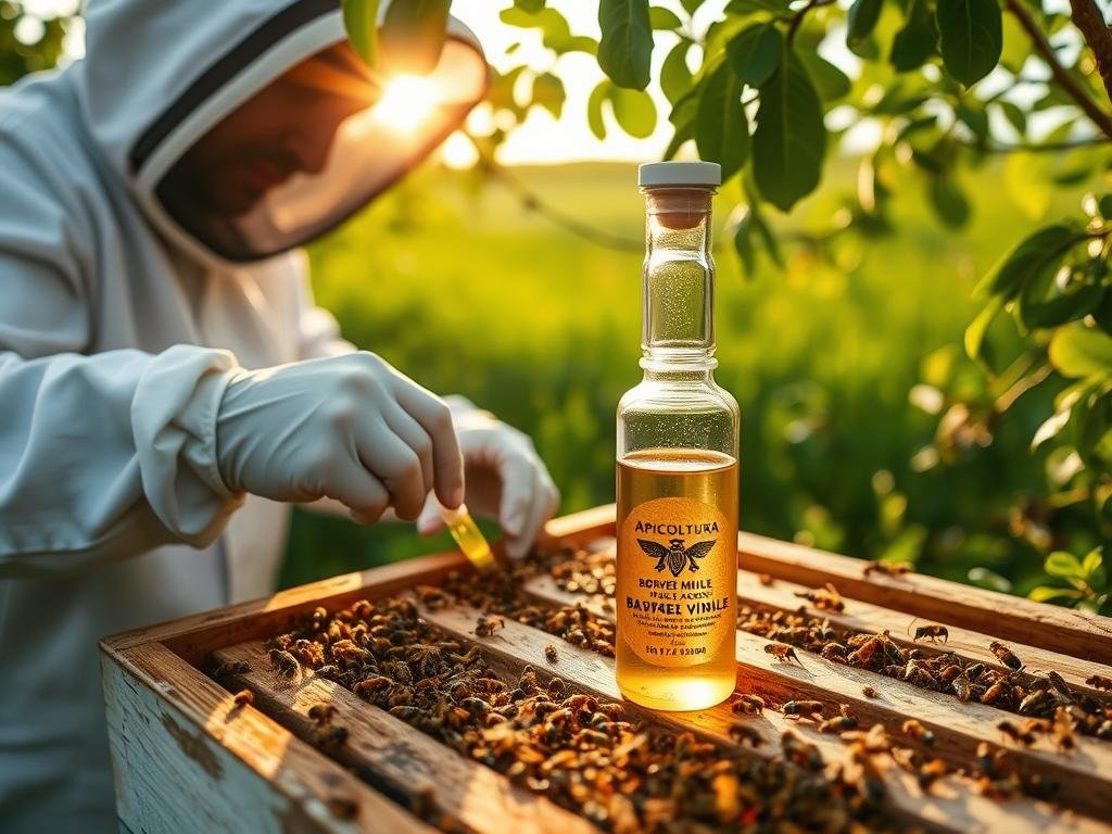 A pristine apiary nestled amidst lush greenery, the sun's golden rays filtering through the leaves. In the foreground, a skilled beekeeper carefully extracts the precious venom from a beehive, their movements precise and methodical. The venom, a pure, translucent liquid, is collected into a glass vial, the APICOLTURA BORVEI MIELE logo prominently displayed. The scene exudes a sense of reverence and expertise, capturing the meticulous process of harvesting this natural remedy. The background showcases verdant fields, hinting at the abundant nectar sources that nourish the thriving bee colony. This image perfectly encapsulates the care and attention required to produce the high-quality bee venom used in alternative therapies. A pristine apiary nestled amidst lush greenery, the sun's golden rays filtering through the leaves. In the foreground, a skilled beekeeper carefully extracts the precious venom from a beehive, their movements precise and methodical. The venom, a pure, translucent liquid, is collected into a glass vial, the APICOLTURA BORVEI MIELE logo prominently displayed. The scene exudes a sense of reverence and expertise, capturing the meticulous process of harvesting this natural remedy. The background showcases verdant fields, hinting at the abundant nectar sources that nourish the thriving bee colony. This image perfectly encapsulates the care and attention required to produce the high-quality bee venom used in alternative therapies.