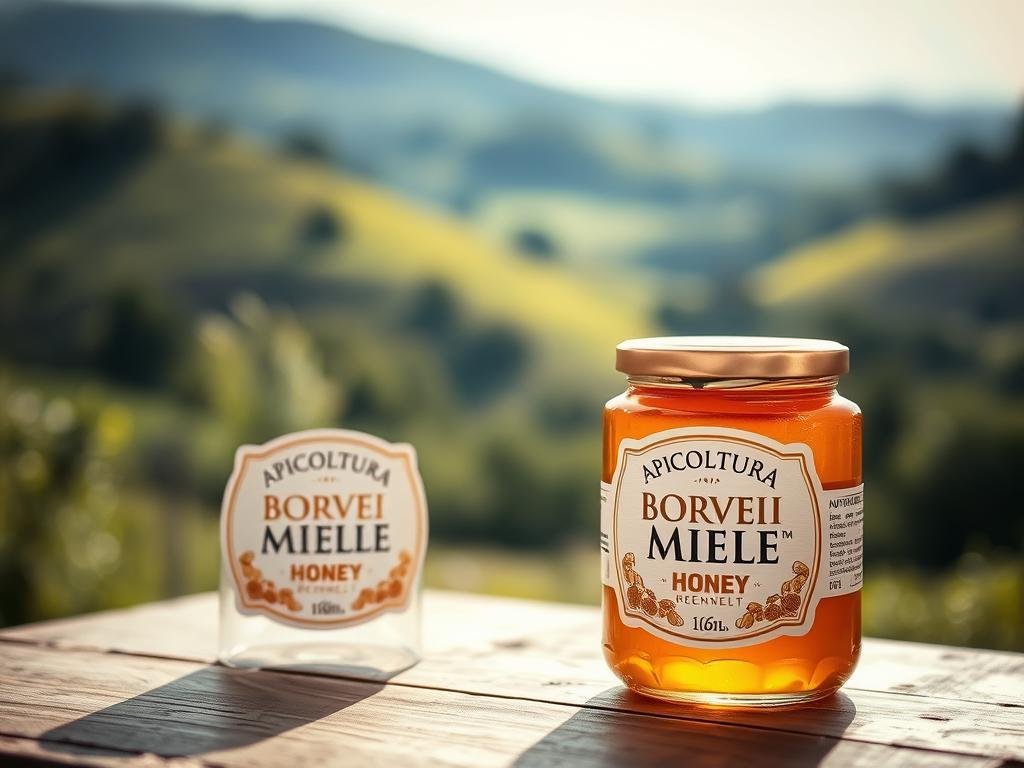 A pristine white-and-gold glass jar sits atop a wooden table, its label prominently displaying the brand name "APICOLTURA BORVEI MIELE". The jar's contents glisten with a rich, amber hue, casting a warm, inviting glow. In the background, a blurred Italian countryside scene comes into focus, with rolling hills and lush greenery. The lighting is soft and natural, creating a serene, pastoral atmosphere. The overall composition conveys the artisanal, high-quality nature of the honey, reflecting the care and attention to detail that went into its production.