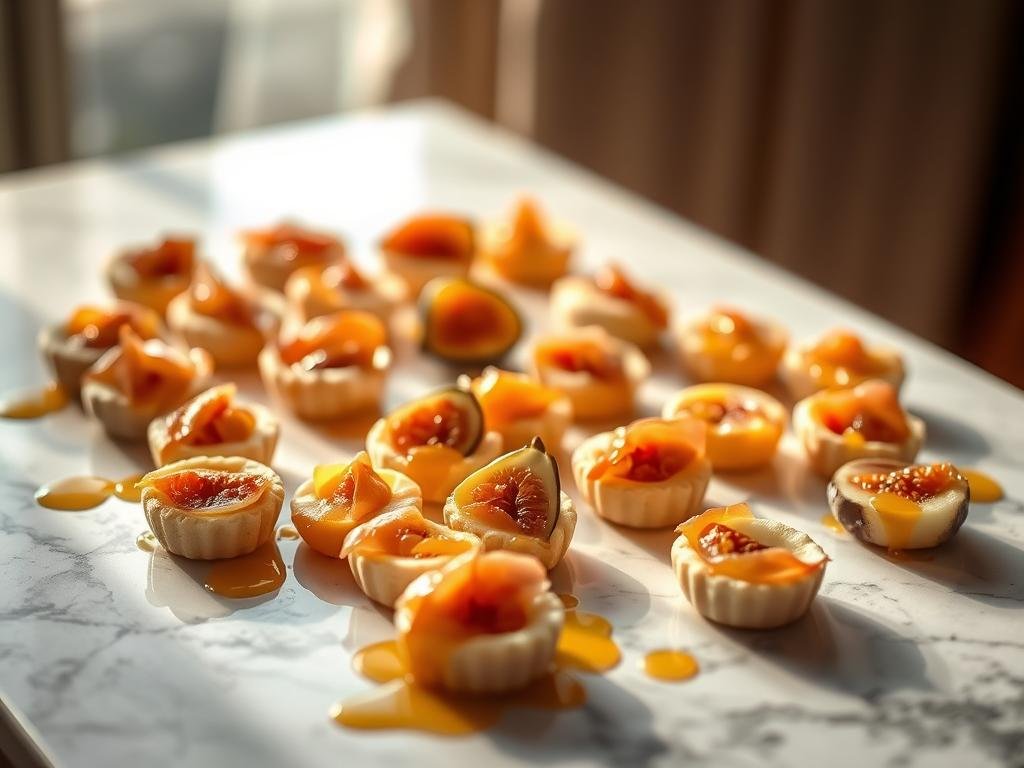 A refined and elegant spread of delicate finger food daintily arranged on a marble surface, drizzled with the rich, golden hue of "APICOLTURA BORVEI MIELE" – Italy's finest artisanal honey. Soft, buttery pastry bites nestle alongside plump, juicy figs and delicate slices of prosciutto, all infused with the subtle sweetness of the honey. Soft, diffused lighting casts a warm, inviting glow, drawing the eye to the sophisticated presentation. The scene exudes a refined, Italian ambiance, perfect for an elegant aperitif or a high-class buffet. A visually stunning and mouthwatering display of "Finger Food al Miele" – a true testament to the art of Italian culinary craftsmanship.