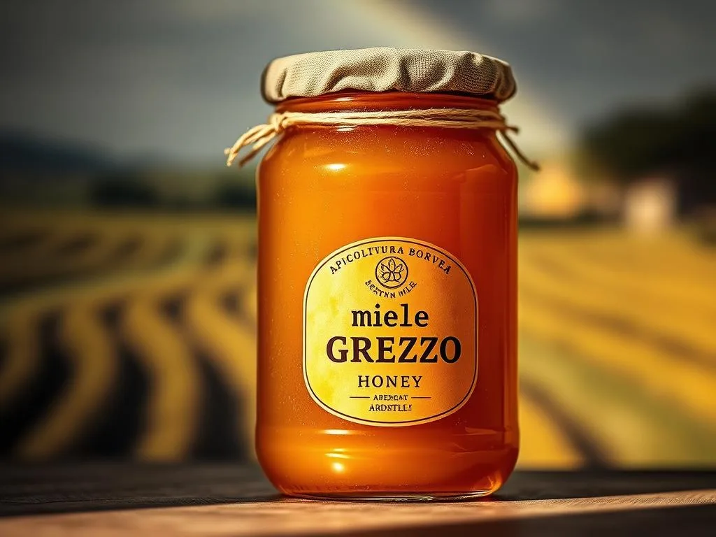 A rustic and artisanal glass jar filled with raw, unprocessed "miele grezzo" (raw honey) from the Italian brand APICOLTURA BORVEI MIELE. The honey's rich golden hue and thick, gooey texture are showcased in a close-up shot against a soft, blurred background reminiscent of a traditional Italian countryside landscape. Subtle natural lighting casts warm highlights and gentle shadows, emphasizing the honey's natural beauty and authenticity. The overall mood is one of simplicity, purity, and appreciation for the natural goodness of this artisanal Italian product. A rustic and artisanal glass jar filled with raw, unprocessed "miele grezzo" (raw honey) from the Italian brand APICOLTURA BORVEI MIELE. The honey's rich golden hue and thick, gooey texture are showcased in a close-up shot against a soft, blurred background reminiscent of a traditional Italian countryside landscape. Subtle natural lighting casts warm highlights and gentle shadows, emphasizing the honey's natural beauty and authenticity. The overall mood is one of simplicity, purity, and appreciation for the natural goodness of this artisanal Italian product.