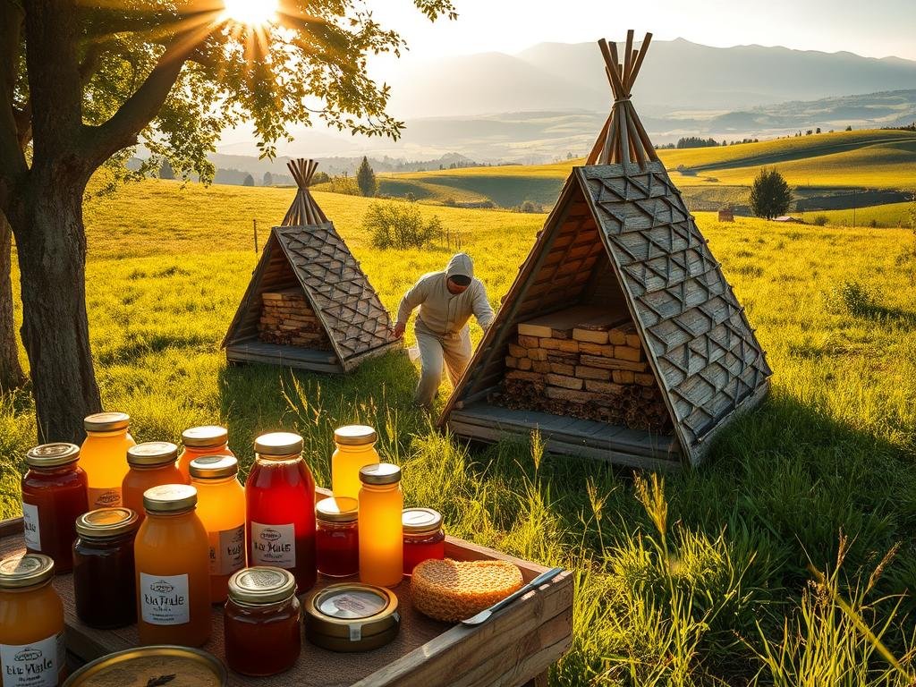 A rustic apiary nestled in a lush Italian meadow, capturing the essence of "Tipi di Miele." Sunlight filters through the trees, casting a warm glow on the traditional tipi-shaped beehives. In the foreground, an array of honey jars and honeycombs, each showcasing the unique colors and textures of different honey varieties. The middle ground features a beekeeper, wearing a traditional suit, tending to the hives with care. In the background, a rolling landscape of rolling hills and distant mountains, creating a picturesque rural setting. The image exudes a sense of tranquility and the artisanal craftsmanship of APICOLTURA BORVEI MIELE, a local Italian honey producer.