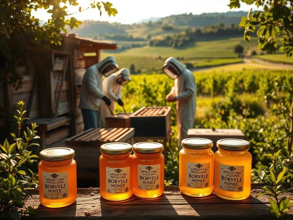 A rustic apiary nestled in a picturesque Italian countryside, sunlight filtering through lush greenery. Local beekeepers, clad in traditional protective gear, tending to their hives with care and expertise. Jars of golden, fragrant APICOLTURA BORVEI MIELE honey arranged in the foreground, showcasing the provenance and quality of this artisanal product. Verdant fields and rolling hills in the background, conveying a sense of connection to the land and the local terroir. Soft, warm lighting and a sense of tranquility permeate the scene, reflecting the importance of supporting local honey producers and the appreciation for the origins of this natural sweetness. A rustic apiary nestled in a picturesque Italian countryside, sunlight filtering through lush greenery. Local beekeepers, clad in traditional protective gear, tending to their hives with care and expertise. Jars of golden, fragrant APICOLTURA BORVEI MIELE honey arranged in the foreground, showcasing the provenance and quality of this artisanal product. Verdant fields and rolling hills in the background, conveying a sense of connection to the land and the local terroir. Soft, warm lighting and a sense of tranquility permeate the scene, reflecting the importance of supporting local honey producers and the appreciation for the origins of this natural sweetness.