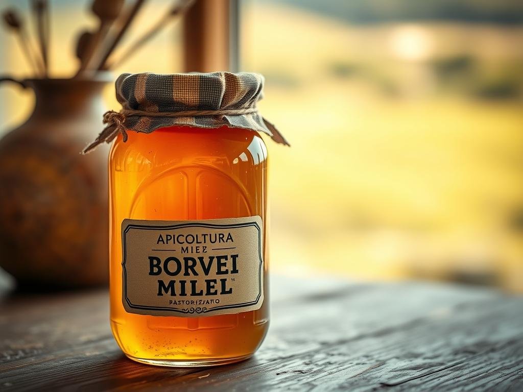 A rustic, artisanal glass jar filled with golden, viscous "miele pastorizzato" (pasteurized honey) sits on a wooden table. The jar's label prominently displays the brand name "APICOLTURA BORVEI MIELE". Soft, warm lighting illuminates the honey's rich, amber hue, creating a cozy, inviting atmosphere. In the background, a blurred, natural landscape suggests an Italian countryside setting, reinforcing the artisanal, local nature of the product. The overall scene conveys the quality and craftsmanship of this traditional, pasteurized honey.